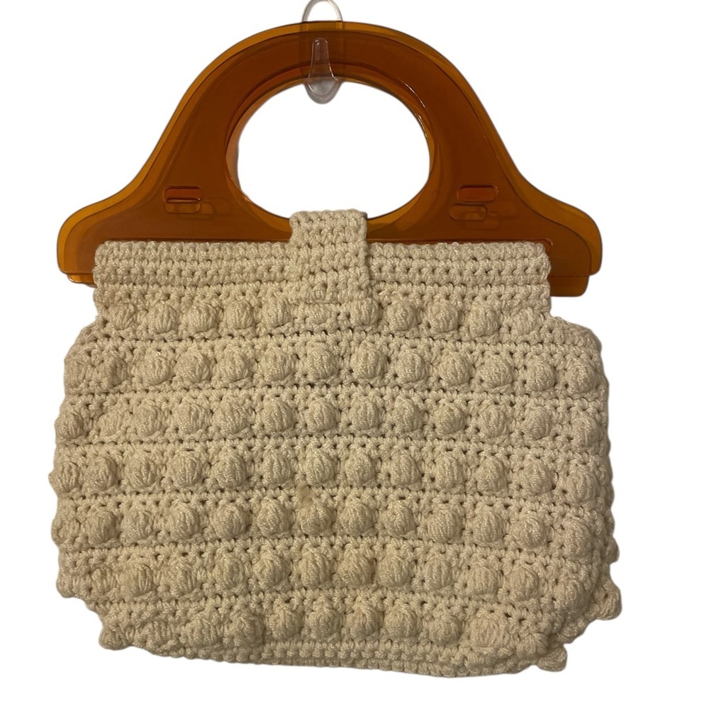Vintage 60s Ivory Crochet Puff Stitch Handbag with Brown Lucite Handles - Picture 2 of 8